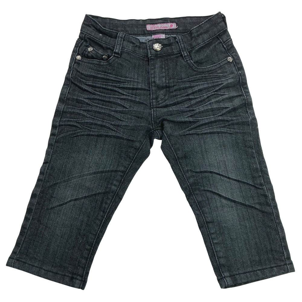 Cutie Fashion Black Capri Jeans Kids Size 6 Rhinestone Star Whiskered Stretch